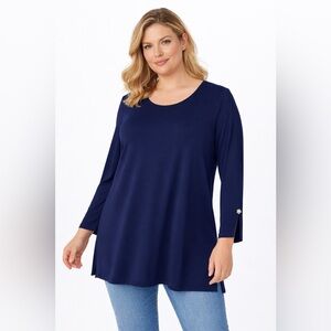 Susan Graver Liquid Knit Tunic 2X Navy Long Sleeve Button Cuff A-Line Top QVC